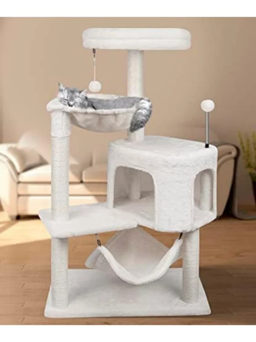 Cozy 39.4'' Cat Tree with Condo & Spacious Hammock - Beige Pet Furniture